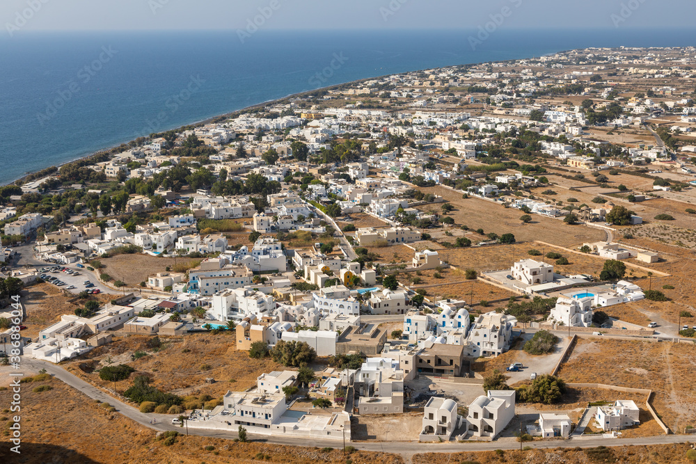View of the Perrisa town, Santorini, Greece.