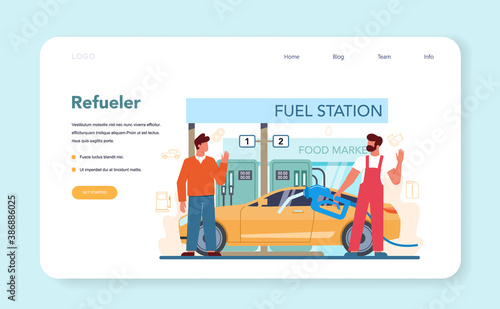 Gas station worker or refueler web banner or landing page. Worker