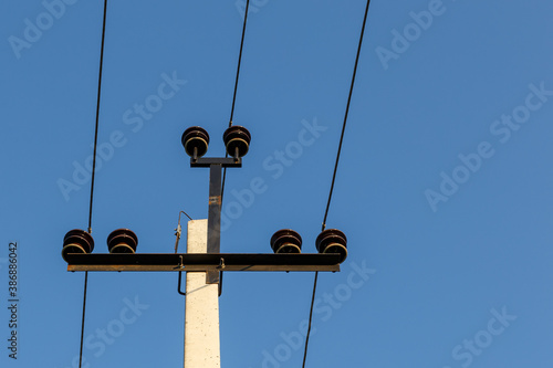 High voltage power line. Electric power line support and wires. 