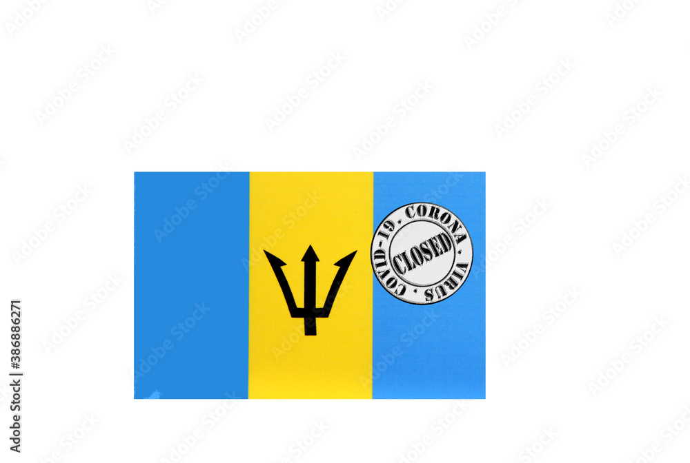 flag with text closed by covid 19 and corona stamp