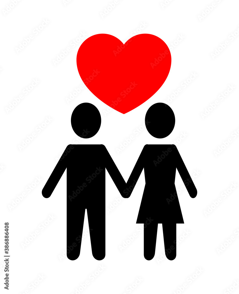 Symbols of a man and a woman with a heart between them. Couple in love. Minimalistic romantic poster Symbols of a man and a woman with a heart between them. Couple in love. Minimalistic romantic poster