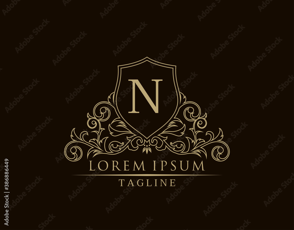 Luxury Royal Letter N Logo Design, Elegant Shield With Out Line Floral Design. Luxury Royal Letter N Logo Design, Elegant Shield With Out Line Floral Design.