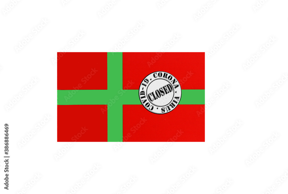 flag with text closed by covid 19 and corona stamp