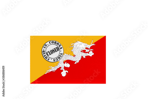 flag with text closed by covid 19 and corona stamp