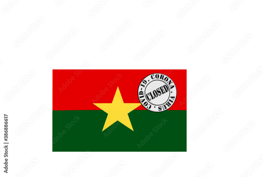 flag with text closed by covid 19 and corona stamp