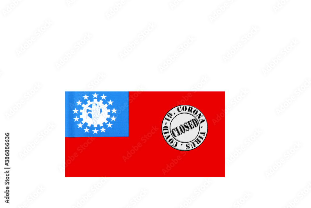 flag with text closed by covid 19 and corona stamp