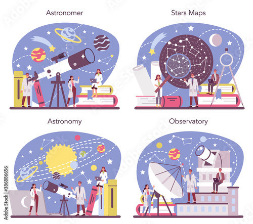 Astronomy and astronomer concept set. Professional scientist looking