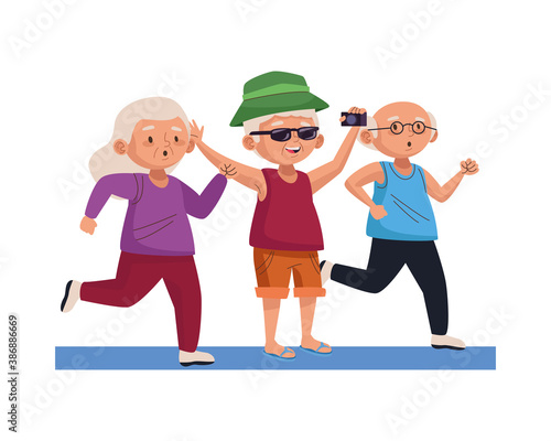 group of old people practicing activities characters