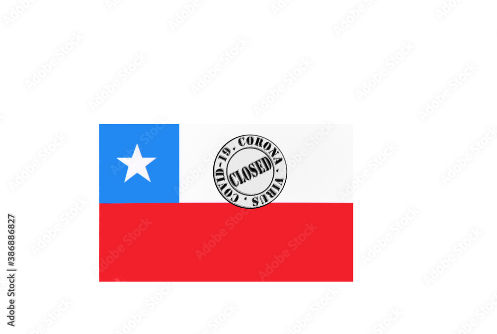 flag with text closed by covid 19 and corona stamp