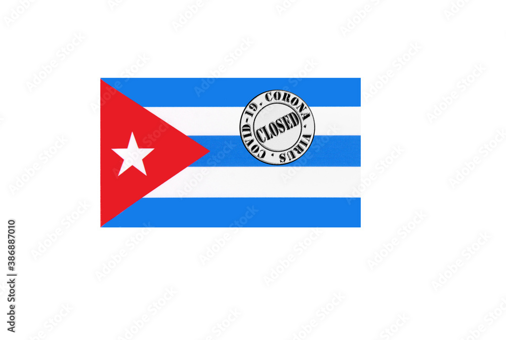 flag with text closed by covid 19 and corona stamp