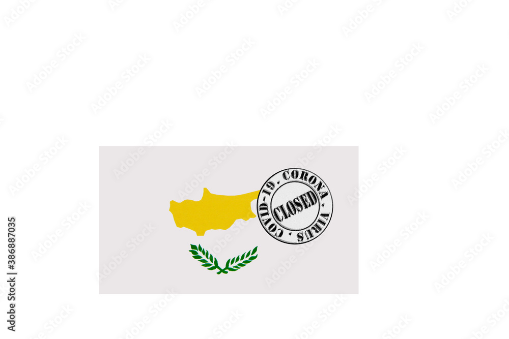flag with text closed by covid 19 and corona stamp