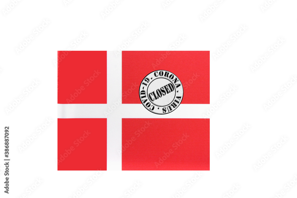 flag with text closed by covid 19 and corona stamp