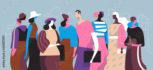 Gruppi di persone della società civile vestite alla moda, con stile e colori vivaci.