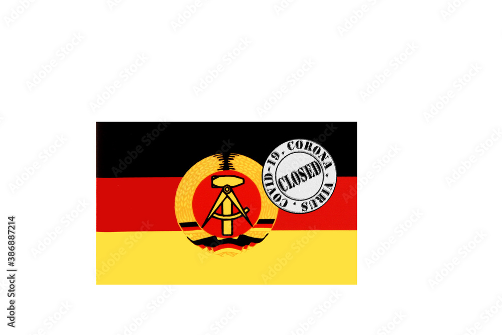 flag with text closed by covid 19 and corona stamp