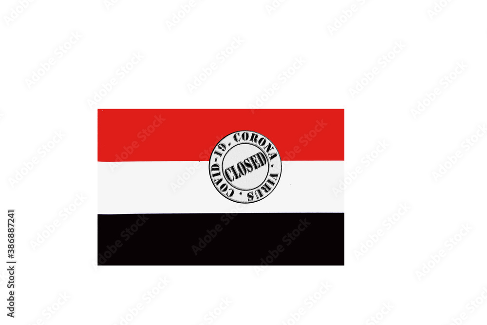 flag with text closed by covid 19 and corona stamp