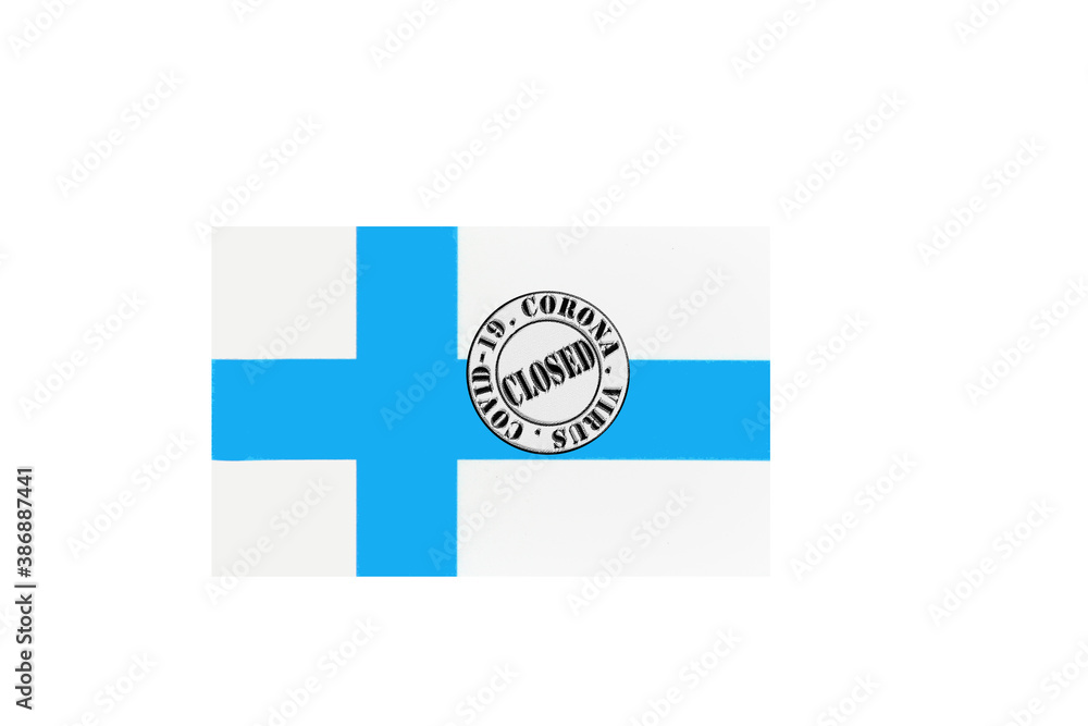 flag with text closed by covid 19 and corona stamp
