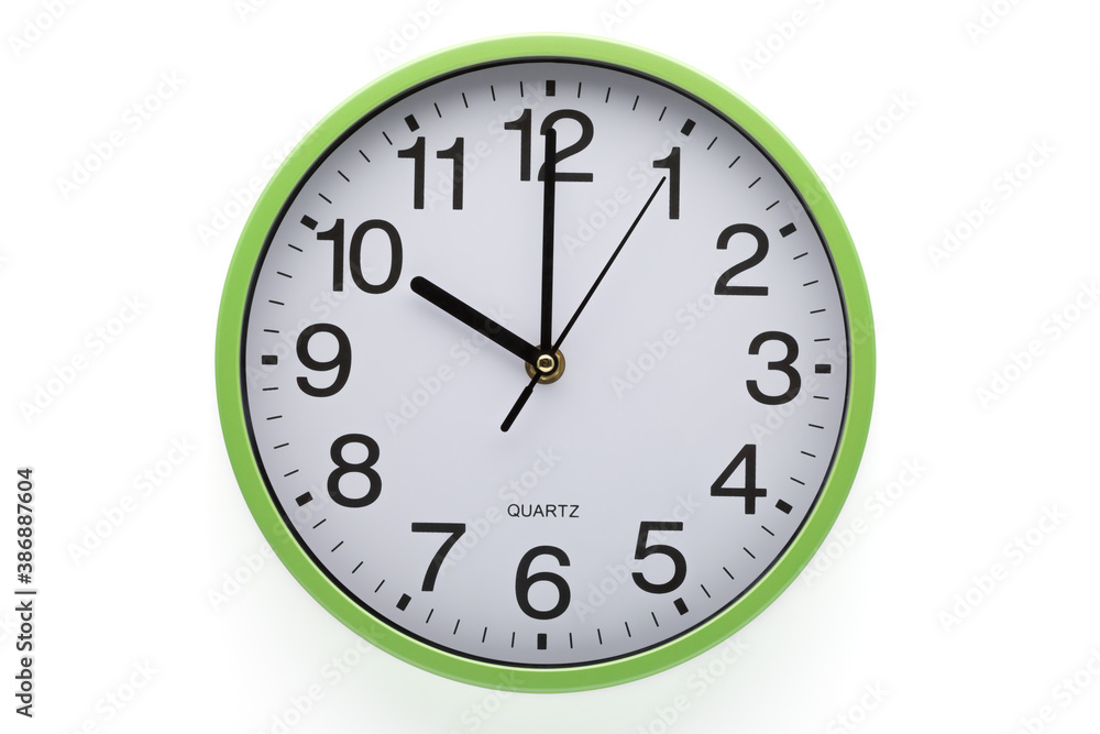 Ten o'clock. Wall clock showing time. Clipping path included. White background. Ten o'clock. Wall clock showing time. Clipping path included. White background.