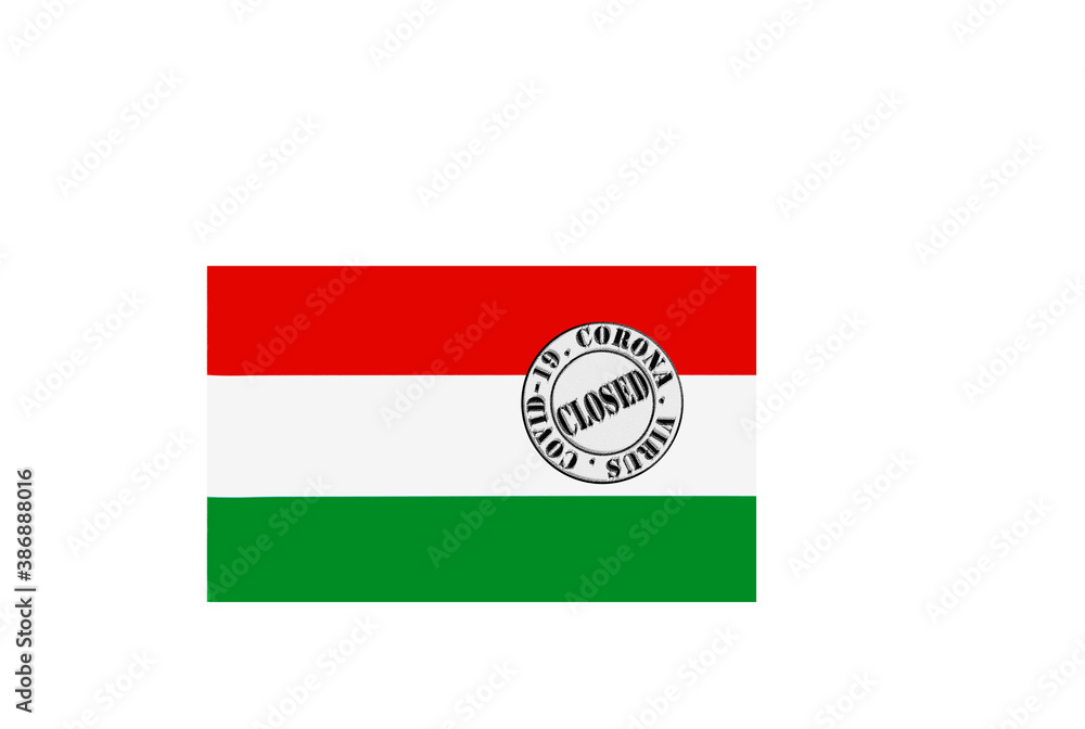 flag with text closed by covid 19 and corona stamp