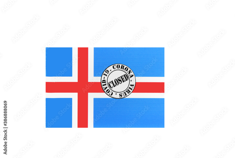 flag with text closed by covid 19 and corona stamp