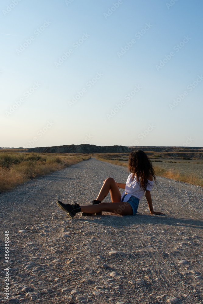 girl in the bardenas reales, desert of Navarra
