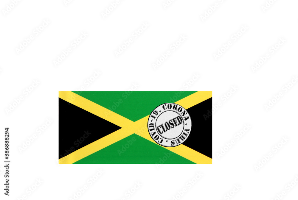 flag with text closed by covid 19 and corona stamp