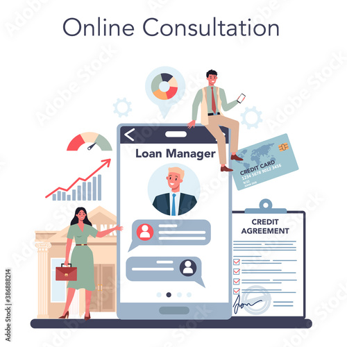 Loan manager online service or platform. Bank employee