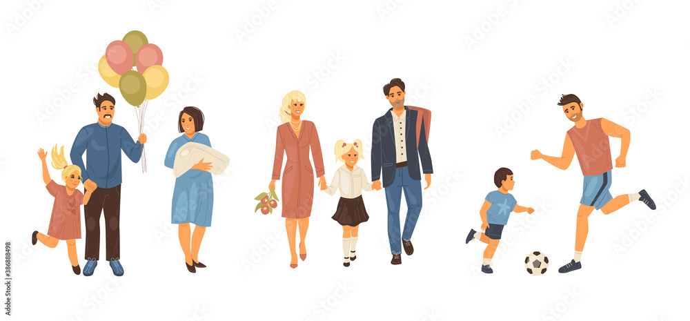 Family relationships, joint leisure and entertainment together. Father, son play ball. Going to school with flowers. Meeting mom from hospital with baby in arms. Love, care in family