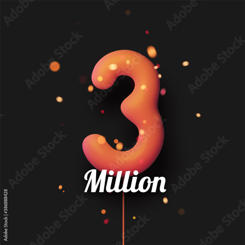 3 million sign orange balloons with threads on black background.