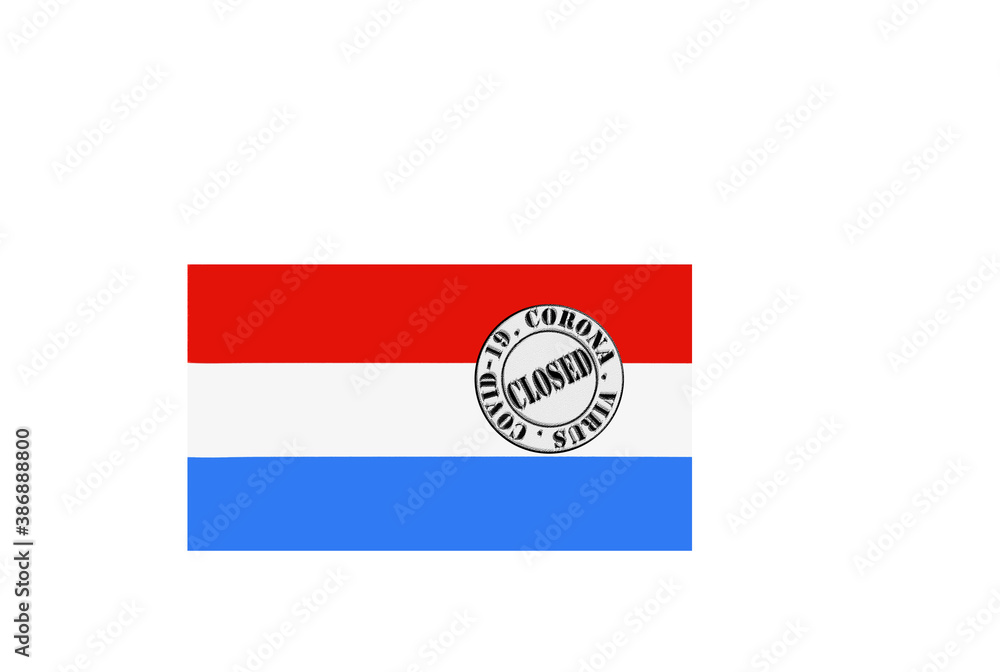 flag with text closed by covid 19 and corona stamp