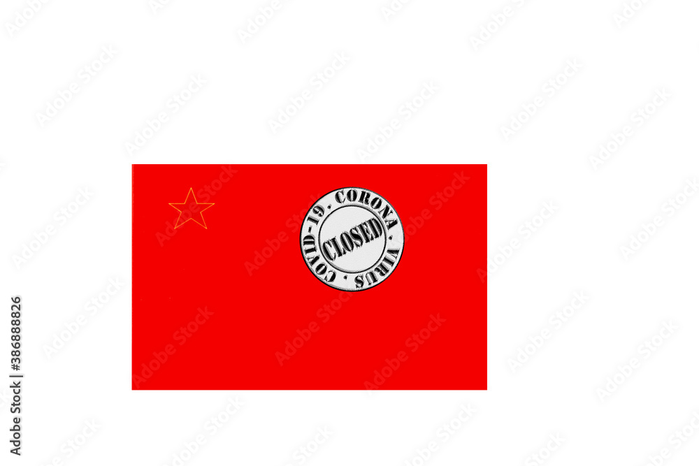 flag with text closed by covid 19 and corona stamp