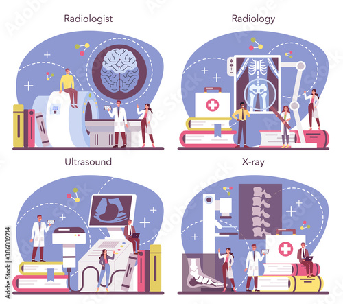 Radiologist concept set. Doctor examing X-ray image of human