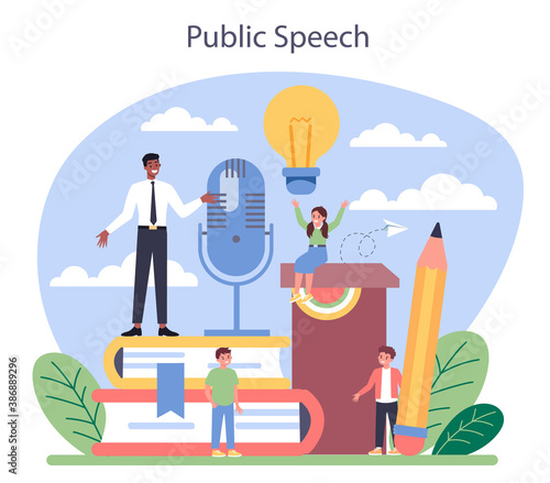 Rhetoric or elocution school class. Voice training and speech