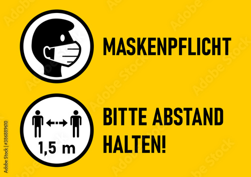 Set of Round Sticker Icons for Coronavirus Measures in German including "Maskenpflicht" (Face Masks Required) and "Bitte Abstand halten" (Please Keep Your Distance) 1,5 m. Vector Image.