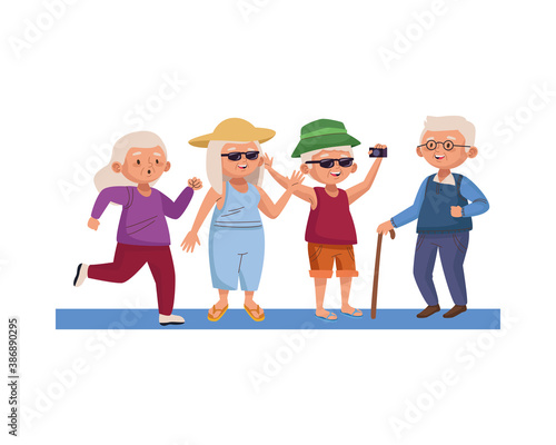 group of old people practicing activities characters