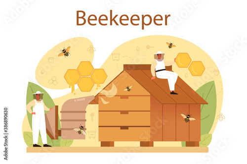 Hiver or beekeeper concept. Professional farmer with hive and honey