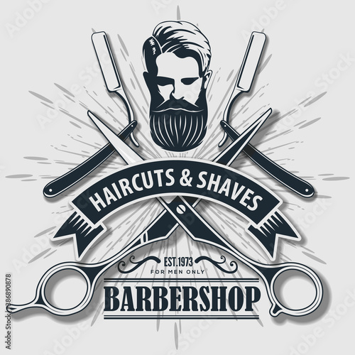 Barbershop poster, banner template with Bearded men. Vector illustration