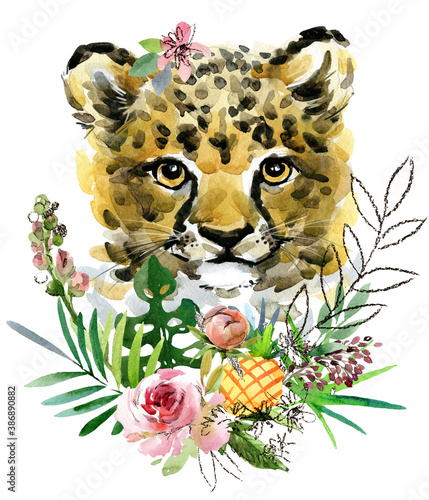 Photography cute cheetah  cub. wild animals watercolor illustration