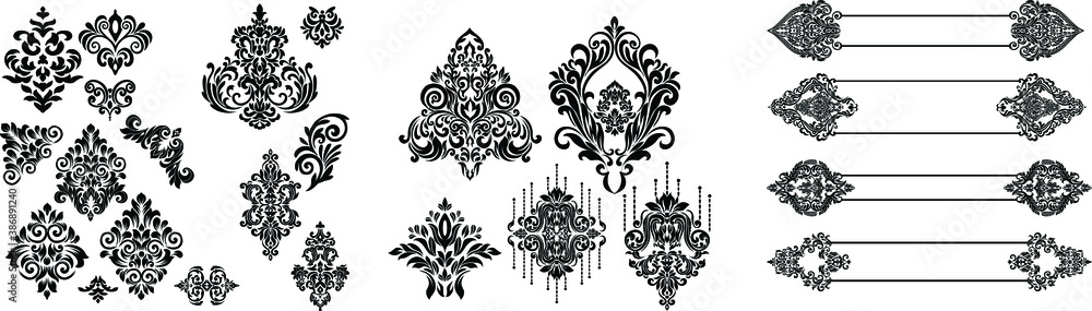 Set of Oriental vector damask patterns for greeting cards and wedding invitations.