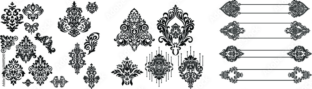 Set of Oriental vector damask patterns for greeting cards and wedding invitations. Set of Oriental vector damask patterns for greeting cards and wedding invitations.