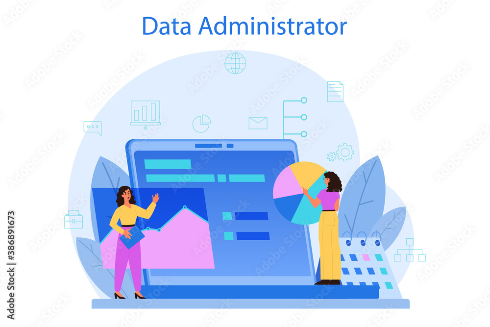 Fototapeta premium Data base administrator concept. Female and male character working