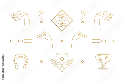 Vector line elegant decoration design elements set - female gesture hands illustrations minimal linear style