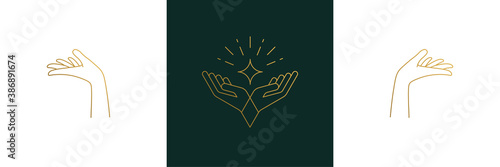 Vector line feminine decoration design elements set - star and female gesture hands illustrations minimal linear style