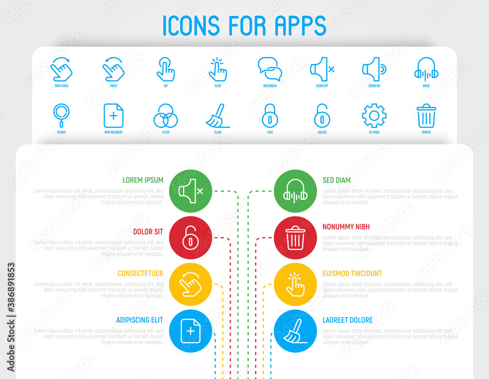 Infographics for mobile app development. Thin line icons: messenger, sound off, sound on, music, lock, unlock, settings, remove, swipe, click, tap, search, add new document. Vector illustration.