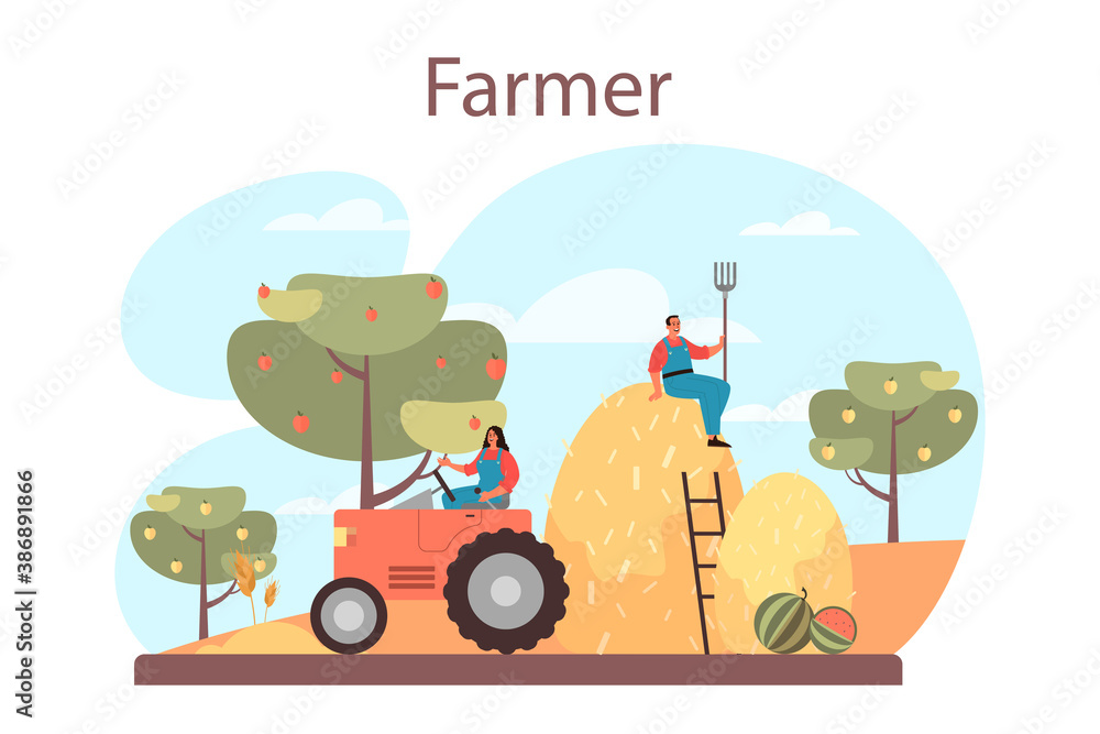 Farmer concept. Farm worker on the field, watering plants and feeding