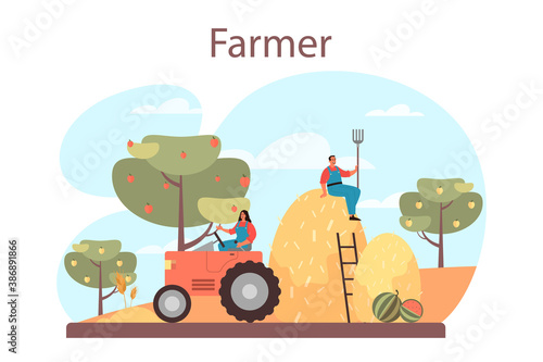 Farmer concept. Farm worker on the field, watering plants and feeding