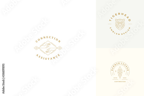 Vector line logos emblems design templates set - female gesture hands illustrations simple minimal linear style