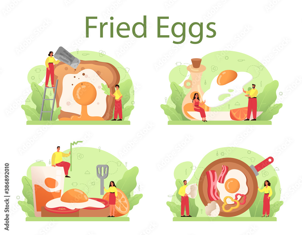 Tasty fried eggs with vegetables and bacon for breakfast set. Tasty fried eggs with vegetables and bacon for breakfast set.