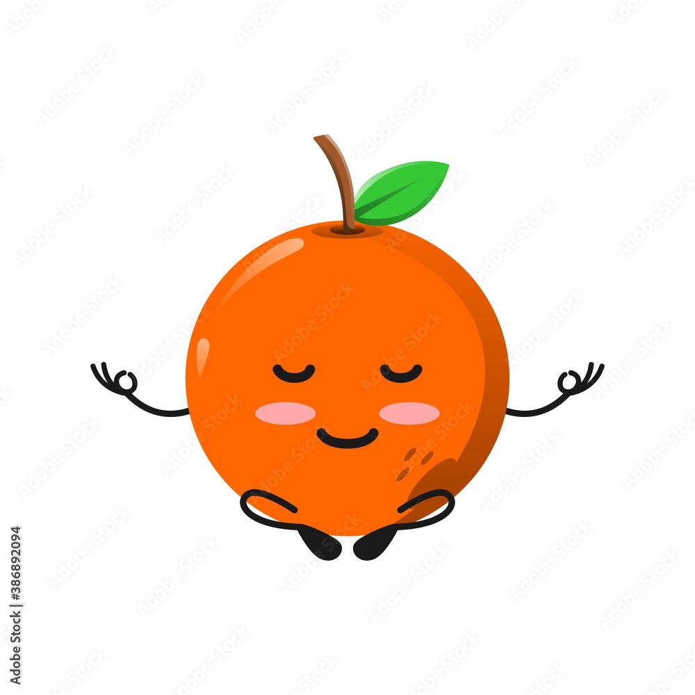 Obraz premium vector illustration of cute orange fruit mascot or character mental meditate with yoga pose. cute orange Concept White Isolated. Flat Cartoon Style Suitable for Landing Page, Banner, Flyer, Sticker.