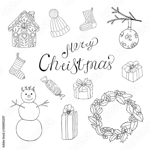 Vector illustration of doodles for the holiday of christmas and new year. Hand-drawn socks, holly wreath, snowman, knitted hat, boxes with gifts and ribbons, sweets, candy, gingerbread house, ball.