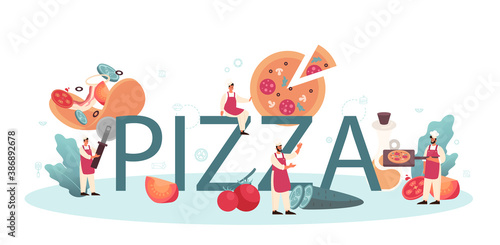 Pizza typographic header. Chef cooking tasty delicious pizza. Italian